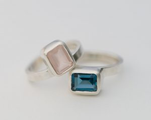 London Blue Topaz and Rose Quartz stacking rings in silver