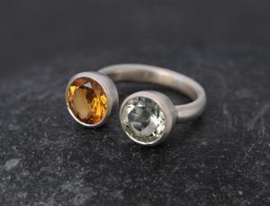 Owl ring with citrine and white amethyst stones set in silver