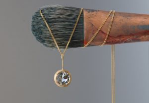 Clean and simple green amethyst lollipop pendant, set in 18k yellow gold, on an 18k yellow gold chain. Gold necklace designed and handmade by William White.