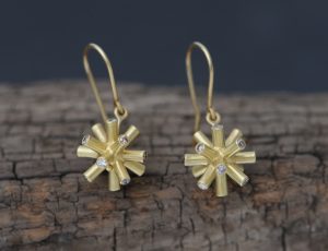 18K gold particle collision earrings with champage diamonds