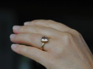 morganite trillion ring 18K YG on hand