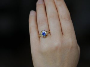 tanzanite button ring on hand