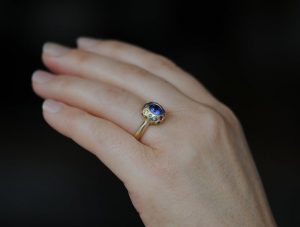 tanzanite button ring on hand