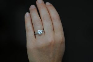 Moissanite 7mm halo ring in platinum