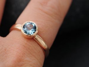 aquamarine AAAA 7mm bezel set in 18K r gold