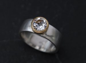 White Topaz Statement Ring with 18K Gold Bezel and Silver Band