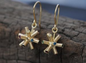 multi coloured gem particle collision earrings in 18K YG