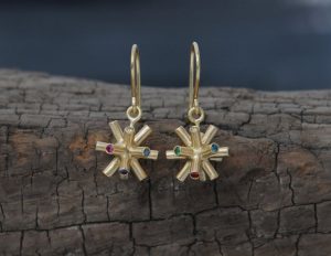 multi coloured gem particle collision earrings in 18K YG