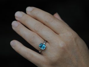 blue zircon cushion cut 9x7 ring 18K white gold