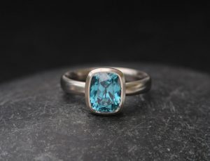 blue zircon cushion cut 9x7 ring 18K white gold