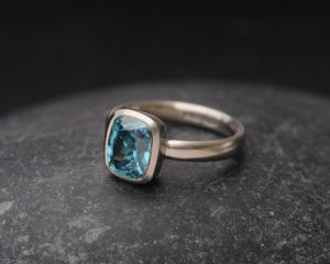 blue zircon cushion cut 9x7 ring 18K white gold