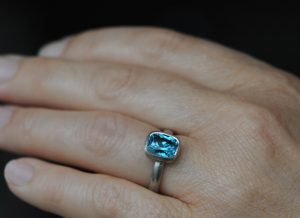 blue zircon cushion cut 9x7 ring 18K white gold