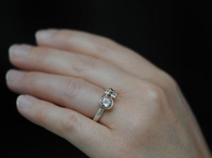 morganite cluster ring in 9K rose gold and silver on hand