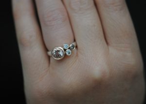 morganite cluster ring in 9K rose gold and silver