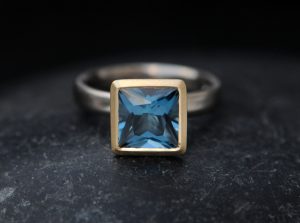 London blue topaz 8mm princess cut mixed metal ring