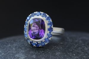 Purple amethyst blue sapphire oval halo ring in silver