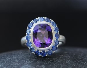Purple amethyst blue sapphire oval halo ring in silver
