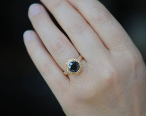 black-diamond-9mm-and-sapphire-halo-ring-18K-rose-gold-on-hand-2