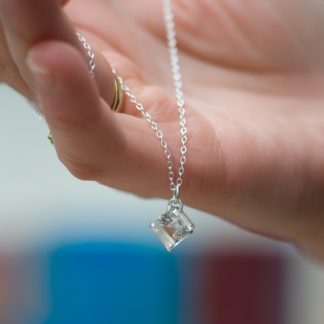 white topaz square pendant necklace in silver