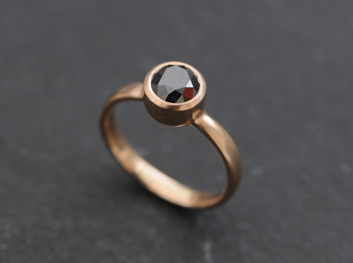 black diamond solitaire set in rose gold ring