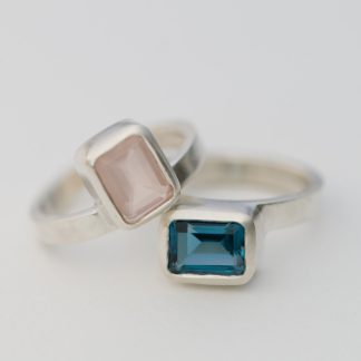 London Blue Topaz and Rose Quartz stacking rings in silver