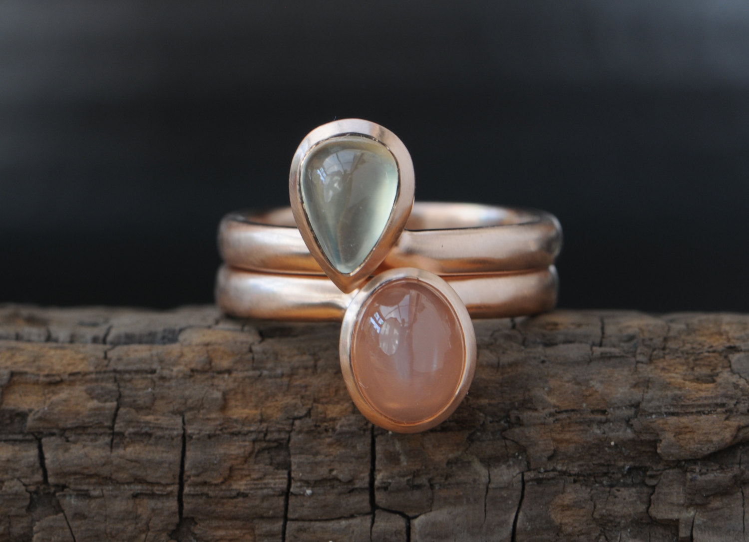 pryanite and peach moonstone pear cut stacking rings