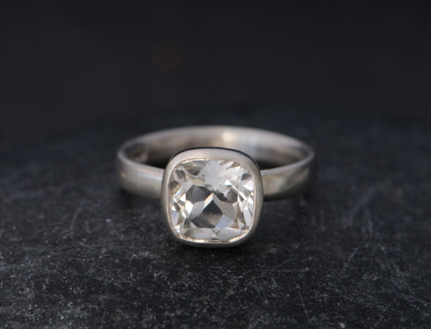 white topaz square stone set in sterling silver ring