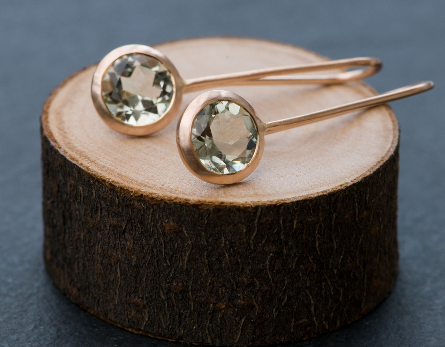 Pale green amethyst lollipop earrings in rose gold. By William White