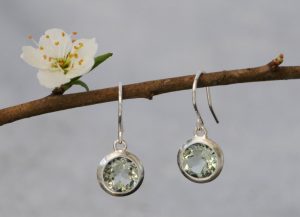 Lovely little green amethyst drop earrings, set in sterling silver. These clean and simple earrings are designed & handmade by William White in Cornwall, UK