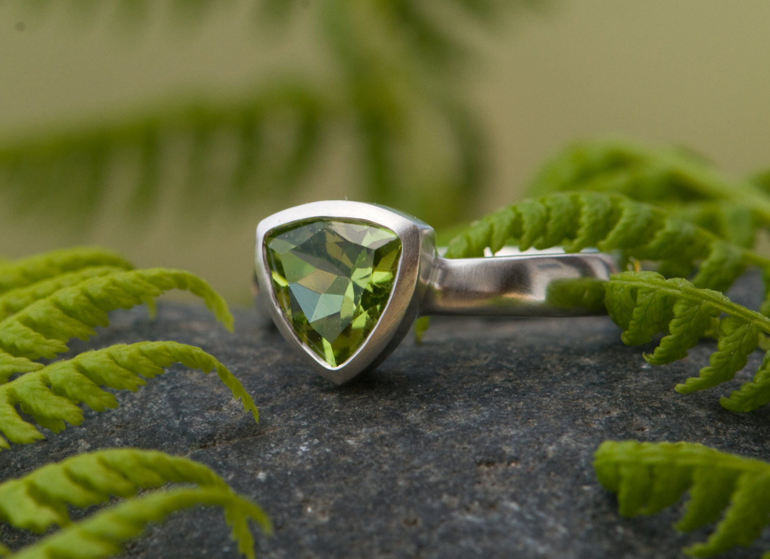 Apple green peridot trillion ring in sterling silver by William White