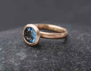 London Blue Topaz gold ring with 2 carat topaz set in 1k rose gold ring. By William White.