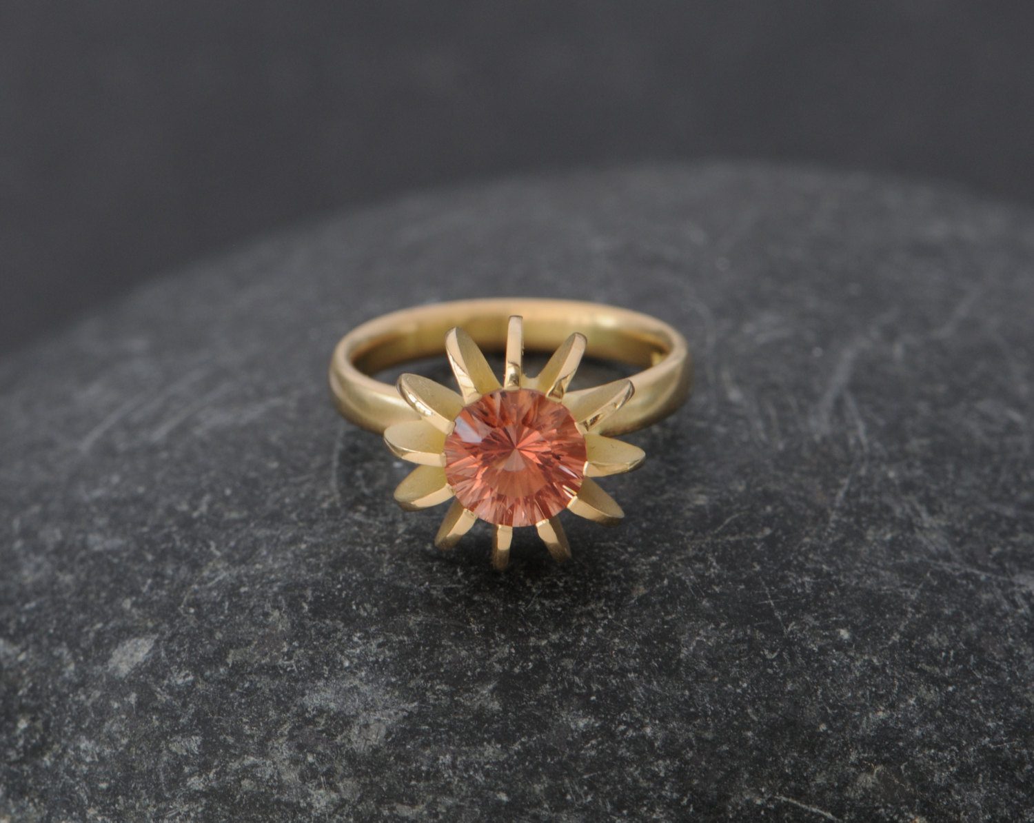 peach oregon sunstone sea urchin design ring in gold