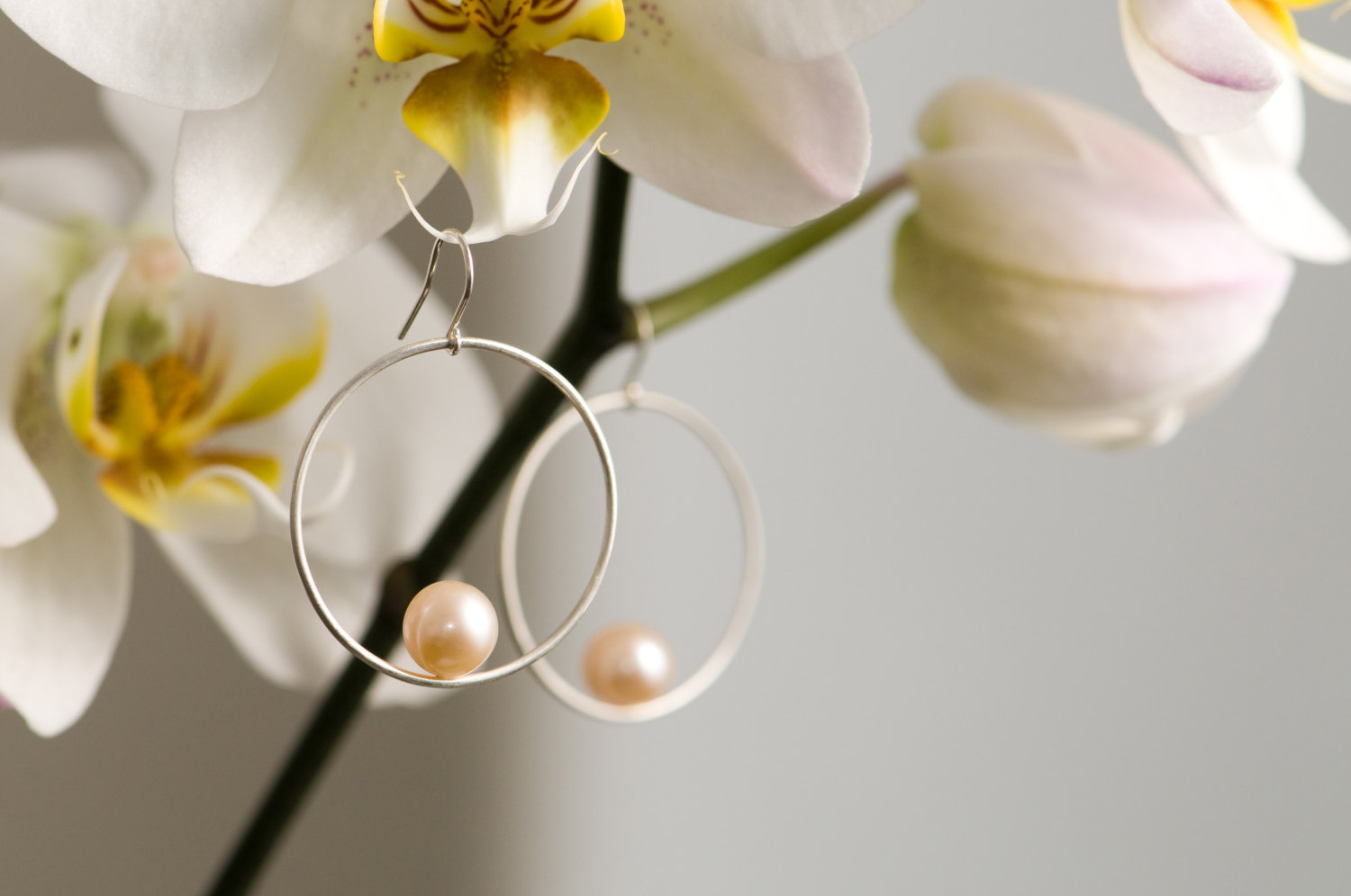 Peach pearl hoop earrings in silver. By William White