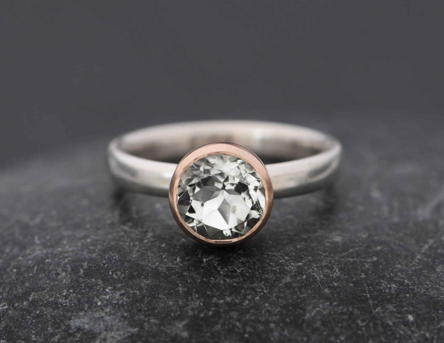 white topaz solitaire ring with gold bezel set in silver