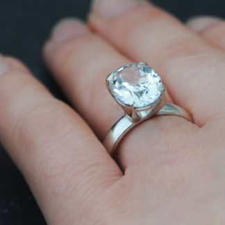 Large oval white topaz claw set in silver ring