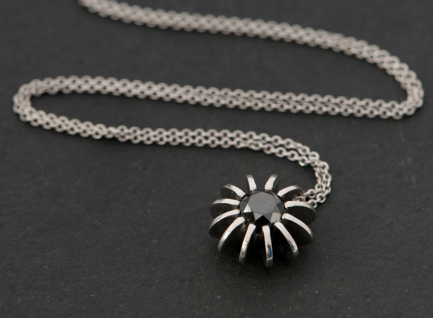 Black diamond Sea Urchin necklace, set in satin finished platinum. Diamond 6.5mm across , 1 carat. by William White