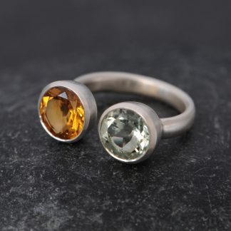 Owl ring with citrine and white amethyst stones set in silver
