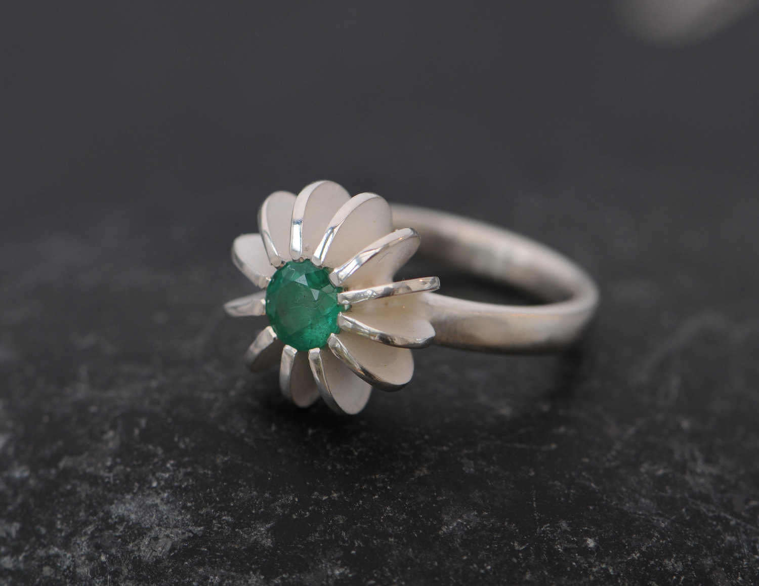 Green emerald sea urchin ring in silver