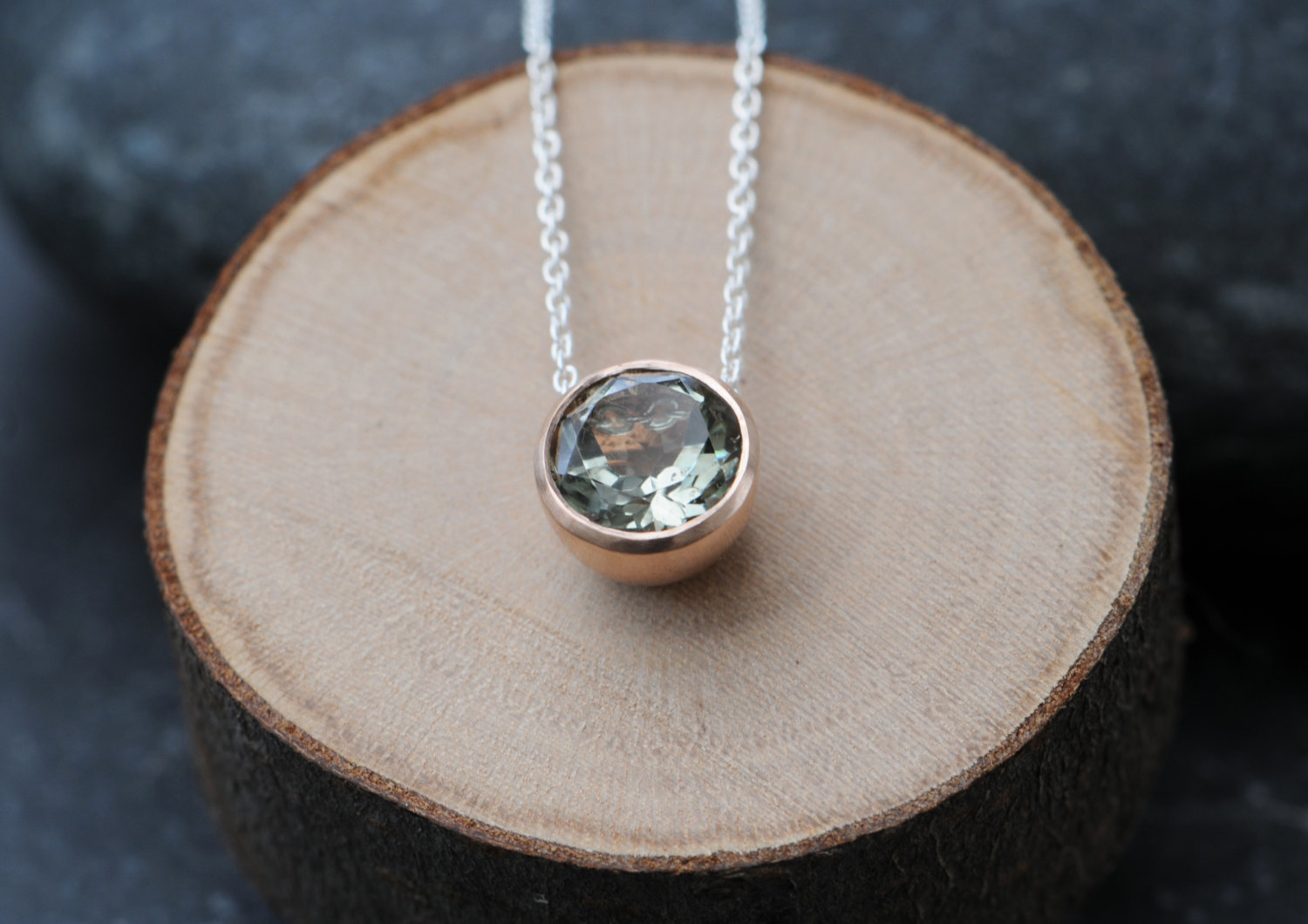Lovely pale green amethyst, set in a satin finished 9K rose gold pendant on a silver chain. Designed and handmade by William White in Cornwall, UK