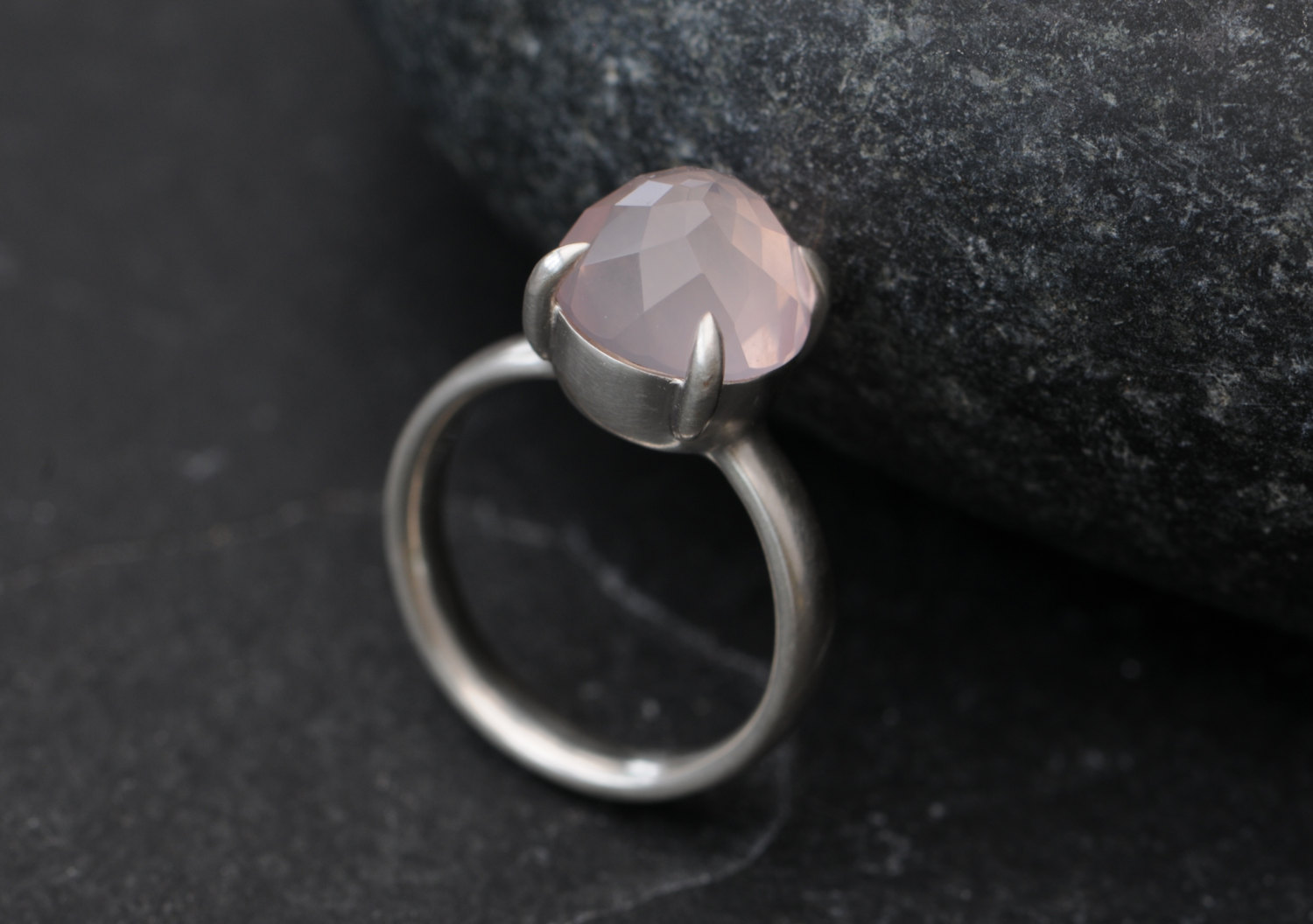 Pale pink rose cut rose quartz stone claw set in sterling silver ring
