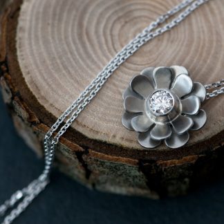 Beautiful White Diamond flower pendant, set in 18k white gold on a white gold chain. Choice of chain lengths. Designed & handmade by William White