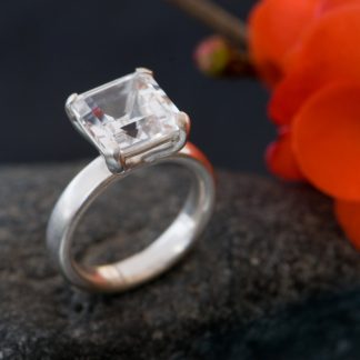 Large white topaz square stone set in silver ring