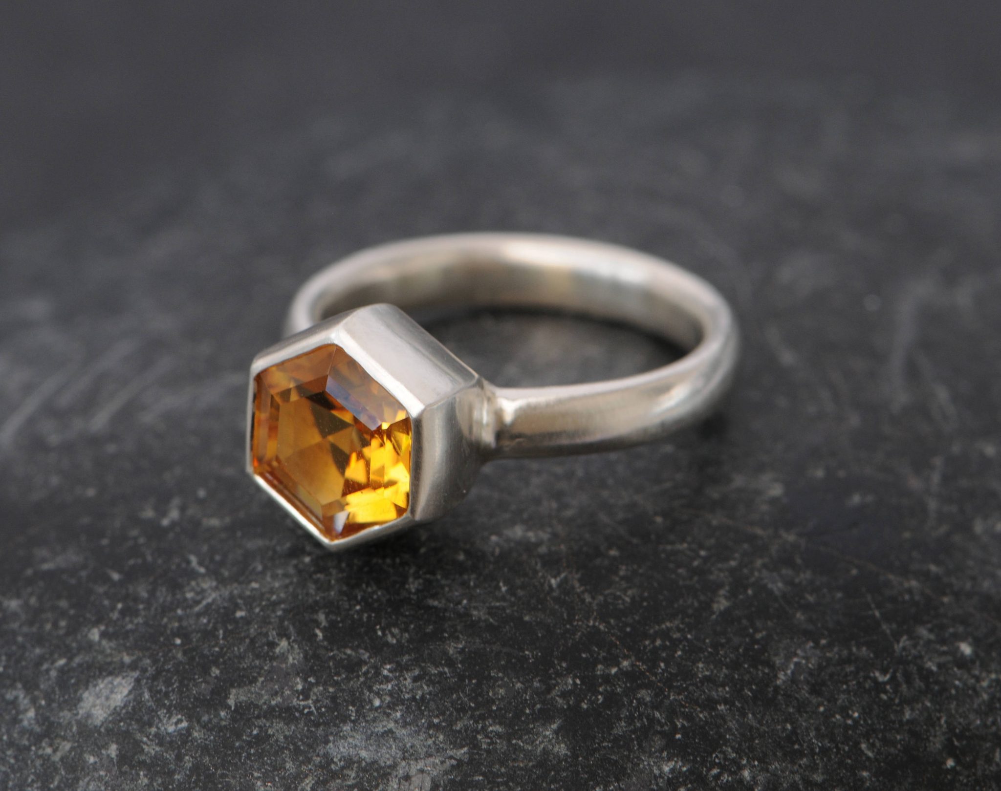 Unusual citrine hexagonal solitaire ring in silver