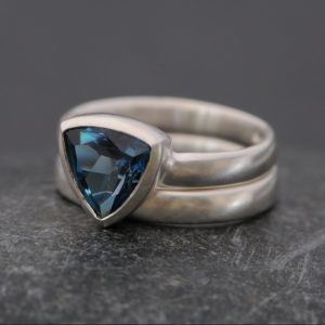 London blue topaz trillion set wedding and engagement ring set