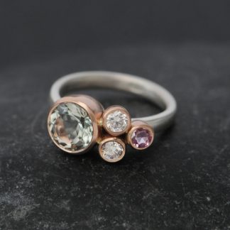 green amethyst 2 diamonds and pink sapphire cluster in 9K rose gold silver band
