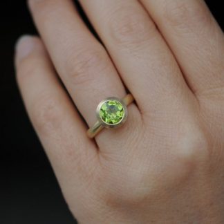 peridot 8mm halo ring in 18K y gold