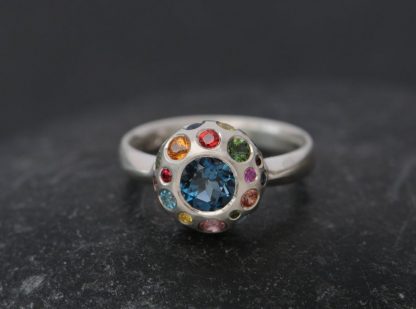 Multi-Colour Cluster Ring in Silver with London Blue Topaz and Semi-Precious Stones