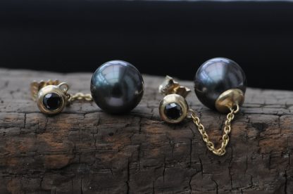 black pearl and black diamond drop earrings in 18K yellow gold