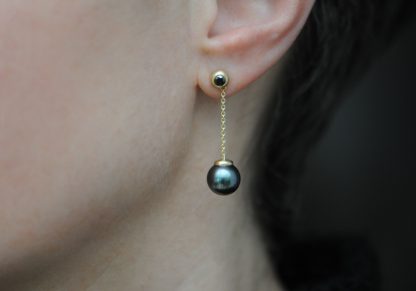 black pearl and black diamond drop earrings in 18K yellow gold