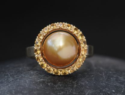 gold pearl 10mm halo ring with yellow sapphires 18K Y Gold